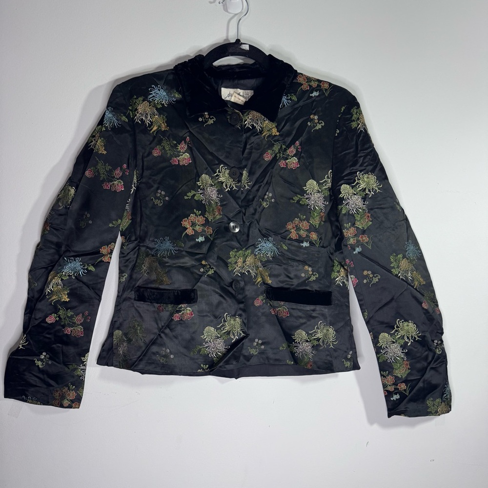 Vintage Silk Box Floral Jacket Black Multicolor Silk Blend Velvet Trim M